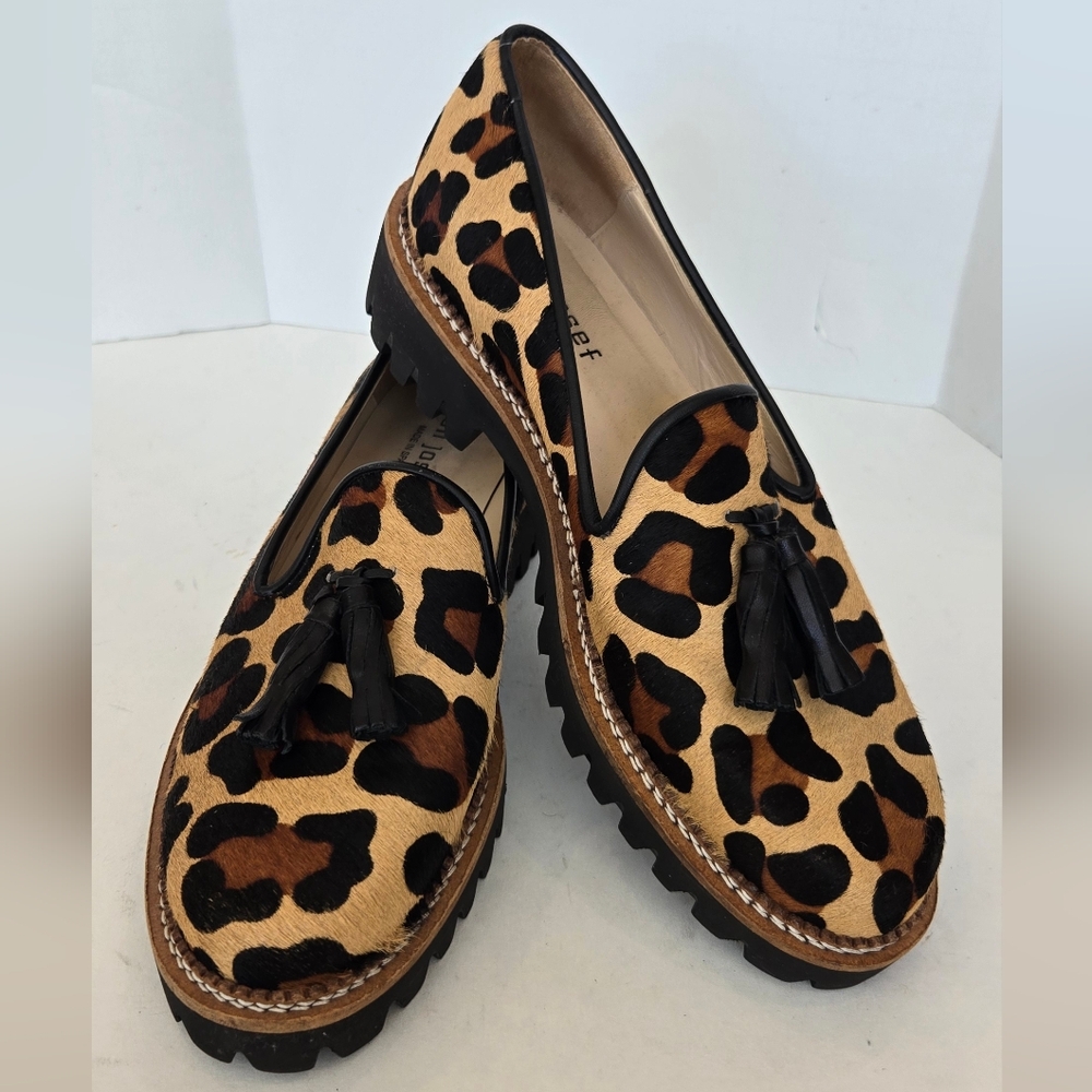 Jon Josef Leopard Print Calf Hair Tassel Loafers Lug Sole